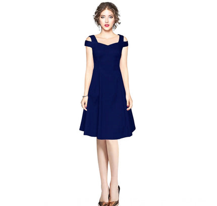 Women's Polyester Solid V Neck Cap Sleeve off Shoulder Dress (Blue)
