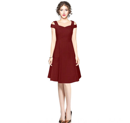 Women's Polyester Solid V Neck Cap Sleeve off Shoulder Dress (Maroon)