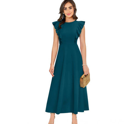 Women's Knitting stretchable Solid Round Neck Ruffled Sleeve Dress (Morpich)