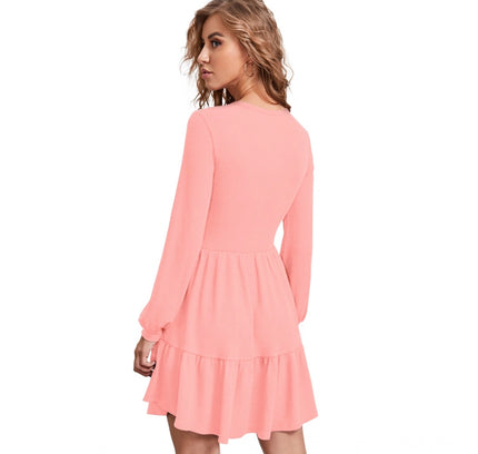 Women's Knitting stretchable Solid Round Neck Full Sleeve Dress (Peach)