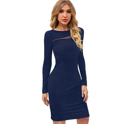 Women's Knitting stretchable Solid Round Neck Full Sleeve Dress (Blue )