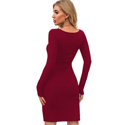 Women's Knitting stretchable Solid Round Neck Full Sleeve Dress (Maroon)