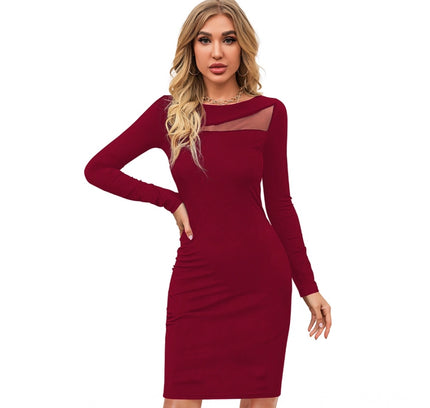 Women's Knitting stretchable Solid Round Neck Full Sleeve Dress (Maroon)