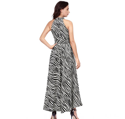 Women's Polyester Zebra Pattern Halter Neck Sleeveless Dress (White)