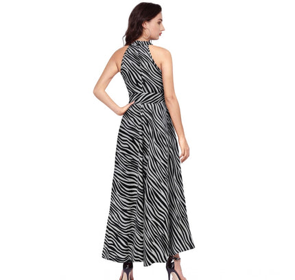 Women's Polyester Zebra Pattern Halter Neck Sleeveless Dress (Navy Blue)