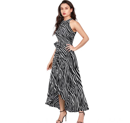 Women's Polyester Zebra Pattern Halter Neck Sleeveless Dress (Navy Blue)