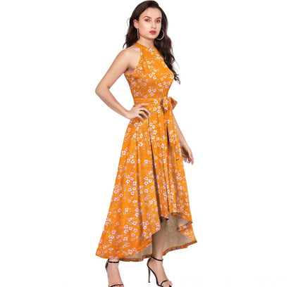 Women's Polyester Printed Halter Neck Sleeveless Dress (Yellow)