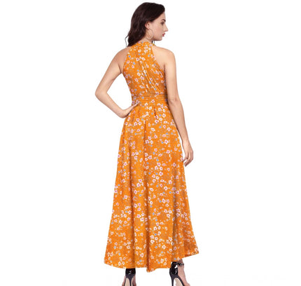 Women's Polyester Printed Halter Neck Sleeveless Dress (Yellow)