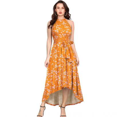 Women's Polyester Printed Halter Neck Sleeveless Dress (Yellow)