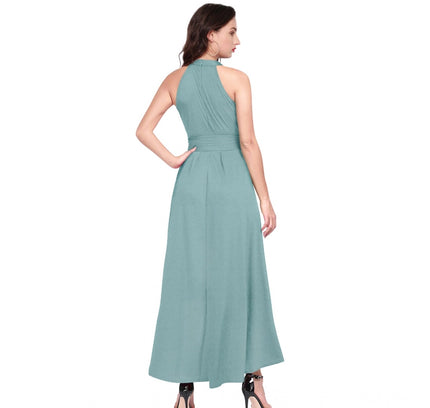 Women's Polyester Solid Halter Neck Sleeveless Dress (Pista)