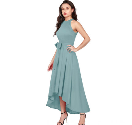 Women's Polyester Solid Halter Neck Sleeveless Dress (Pista)