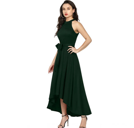 Women's Polyster Solid Halter Neck Sleeveless Dress (Green)