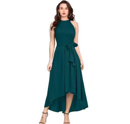 Women's Polyster Solid Halter Neck Sleeveless Dress (Morpichh)
