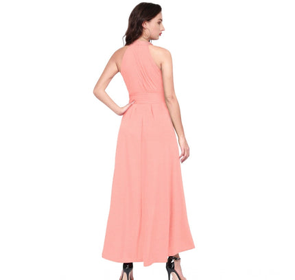 Women's Polyster Solid Halter Neck Sleeveless Dress (Peach)
