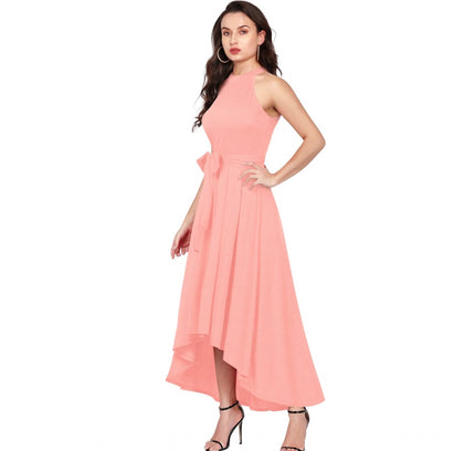 Women's Polyster Solid Halter Neck Sleeveless Dress (Peach)