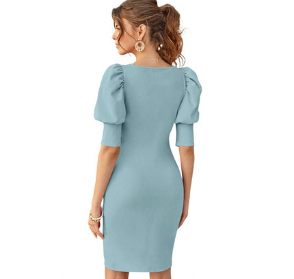 Women's Knitting stretchable Solid Square Neck 3-4 Puff Sleeve Dress (Pista)