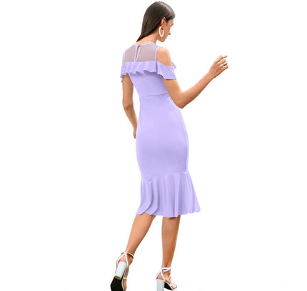 Women's Knitting stretchable Solid Round Neck Sleeveless Dress (Purple)