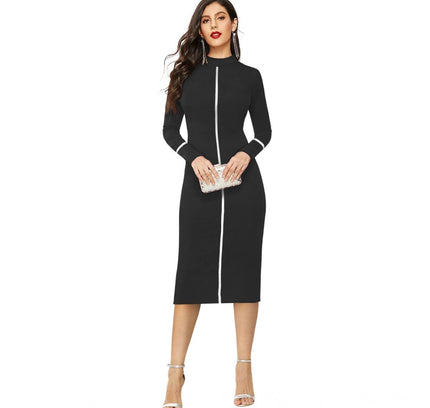 Women's Knitting stretchable Solid Round Neck Full Sleeve Dress (Black)