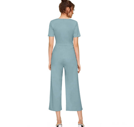 Women's Knitting stretchable Solid Round Neck Cap Sleeve Jumpsuit (Pista )