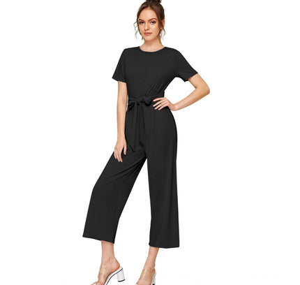 Women's Knitting stretchable Solid Round Neck Cap Sleeve Jumpsuit (Black)