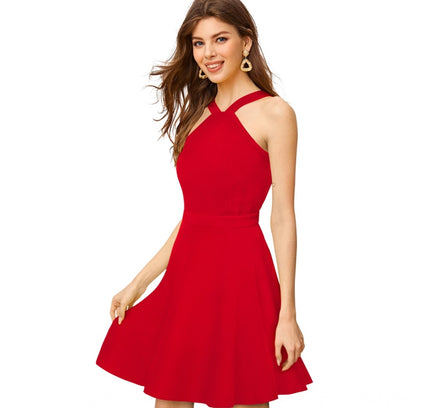 Women's Knitting stretchable Solid Halter Neck Sleeveless Dress (Red )
