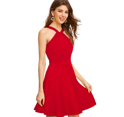 Women's Knitting stretchable Solid Halter Neck Sleeveless Dress (Red )
