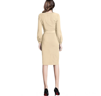 Women's Knitting stretchable Solid Round Neck Full Sleeve Dress (Beige )