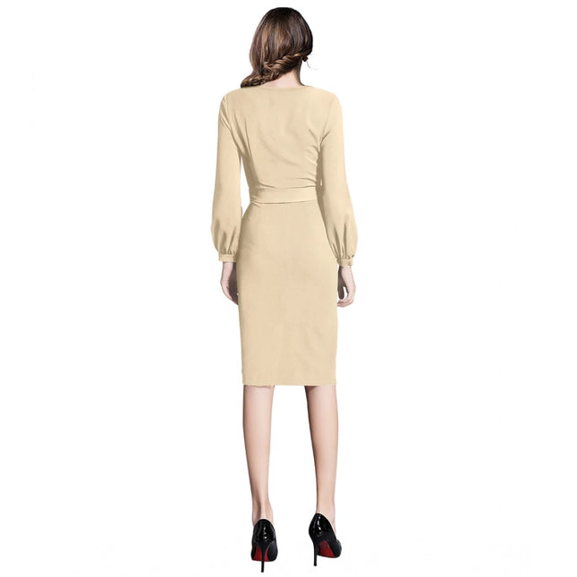 Women's Knitting stretchable Solid Round Neck Full Sleeve Dress (Beige )