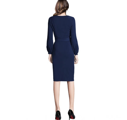 Women's Knitting stretchable Solid Round Neck Full Sleeve Dress (Blue)