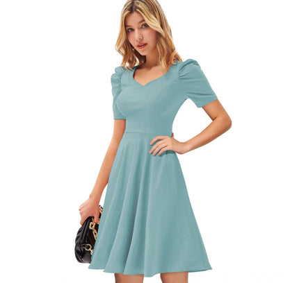 Women's Knitting stretchable Solid V Neck Cap Sleeve Dress (Pista)