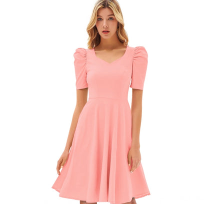 Women's Knitting stretchable Solid V Neck Cap Sleeve Dress (Peach)