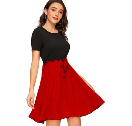 Women's Knitting stretchable Solid Round Neck Cap Sleeve Dress (Red)