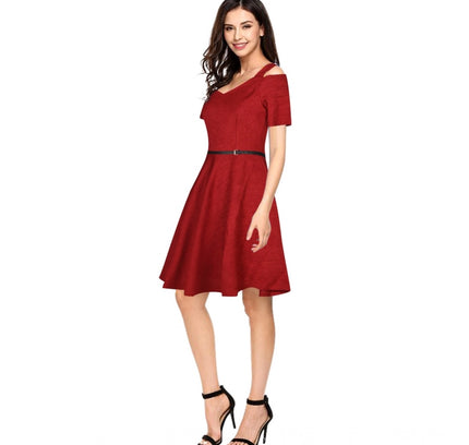Women's Polyester Solid V Neck Cap Sleeve Dress (Maroon)