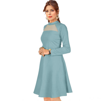 Women's Knitting stretchable Solid Round Neck Full Sleeve Dress (Pista)