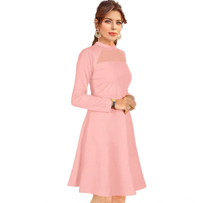 Women's Knitting stretchable Solid Round Neck Full Sleeve Dress (Peach)