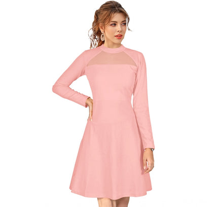 Women's Knitting stretchable Solid Round Neck Full Sleeve Dress (Peach)