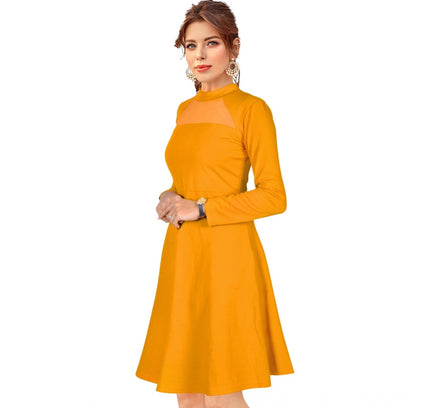 Women's Knitting stretchable Solid Round Neck Full Sleeve Dress (Yellow)
