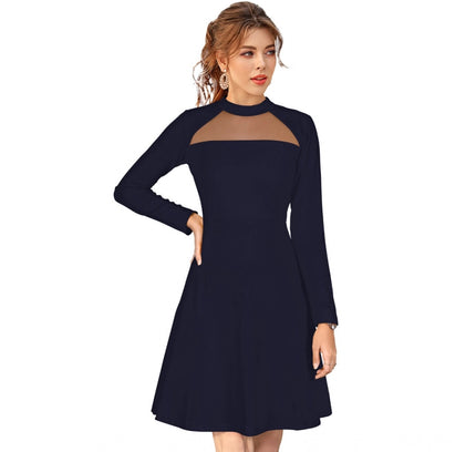 Women's Knitting stretchable Solid Round Neck Full Sleeve Dress (Blue)
