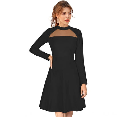 Women's Knitting stretchable Solid Round Neck Full Sleeve Dress (Black)