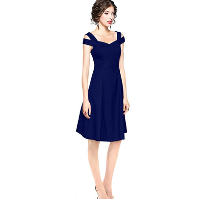 Women's Polyester Solid V Neck Cap Sleeve off Shoulder Dress (Blue)