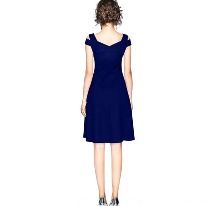 Women's Polyester Solid V Neck Cap Sleeve off Shoulder Dress (Blue)