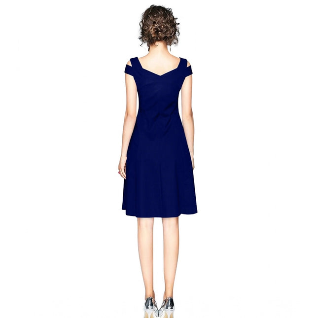 Women's Polyester Solid V Neck Cap Sleeve off Shoulder Dress (Blue)