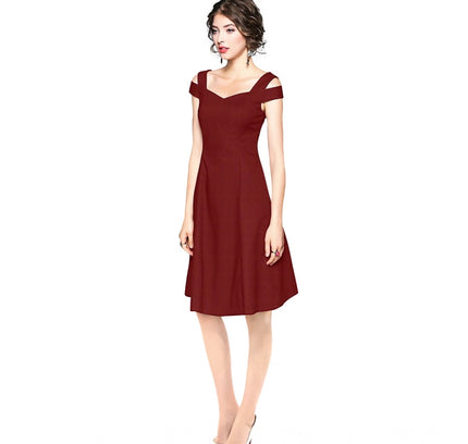 Women's Polyester Solid V Neck Cap Sleeve off Shoulder Dress (Maroon)