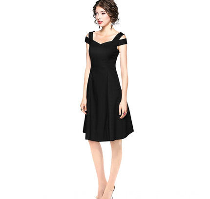 Women's Polyester Solid V Neck Cap Sleeve off Shoulder Dress (Black)