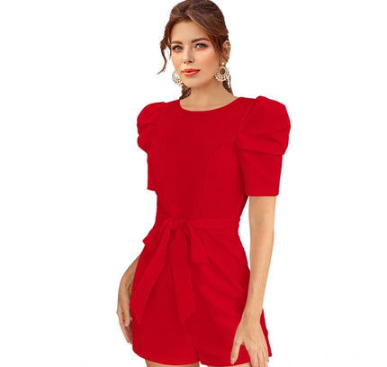 Women's Knitting stretchable Solid Round Neck 3-4 Puff Sleeve Dress (Red )