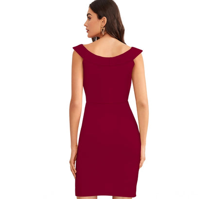 Women's Knitting stretchable Solid Round Neck Sleeveless Dress (Maroon)