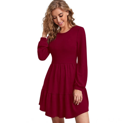 Women's Knitting stretchable Solid Round Neck Full Sleeve Dress (Maroon)