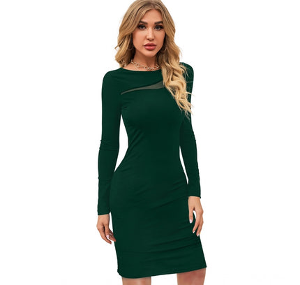 Women's Knitting stretchable Solid Round Neck Full Sleeve Dress (Green )