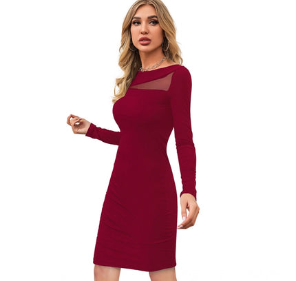 Women's Knitting stretchable Solid Round Neck Full Sleeve Dress (Maroon)