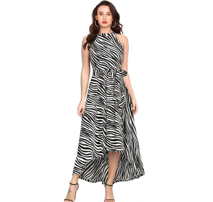 Women's Polyester Zebra Pattern Halter Neck Sleeveless Dress (White)